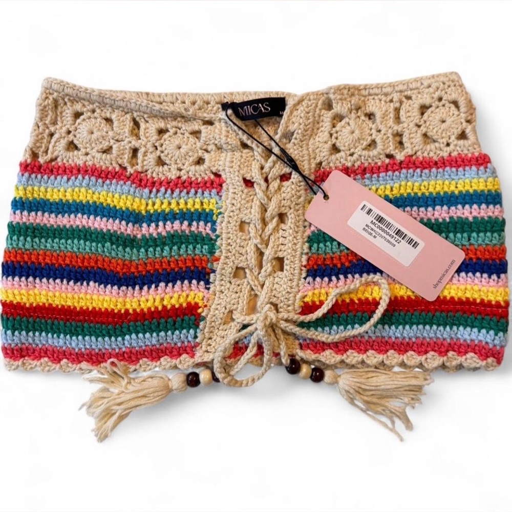 Micas NWT Multicolor Crochet Set Boho Festival Lace Up Top & Shorts Size M - Picture 5 of 10